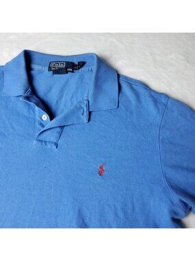 VINTAGE 90s Polo Ralph Lauren Shirt Mens L Large Blue Short Sleeve Red Pony